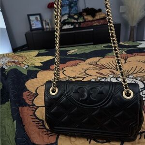 Tory Burch Black Quilted Shoulder Bag with Gold Chain